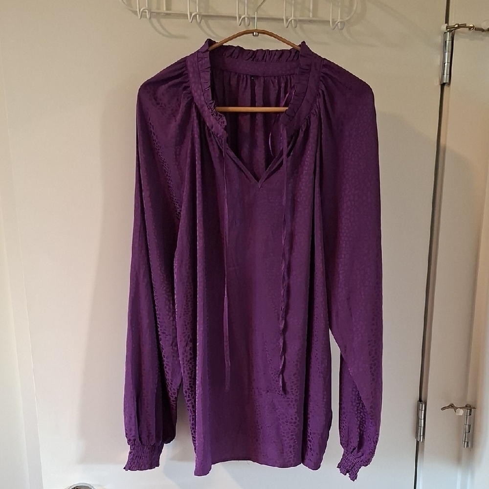 Purple Satin/Silky Ruched Leopard Print Tie-front Blouse/Top (Size US XL/2XL)
